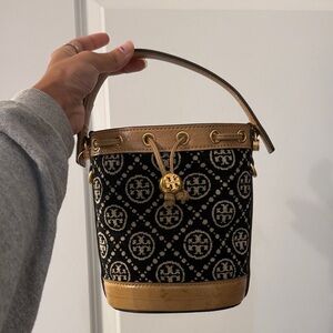 Tory Burch Black and Tan Patterned bucket Bag